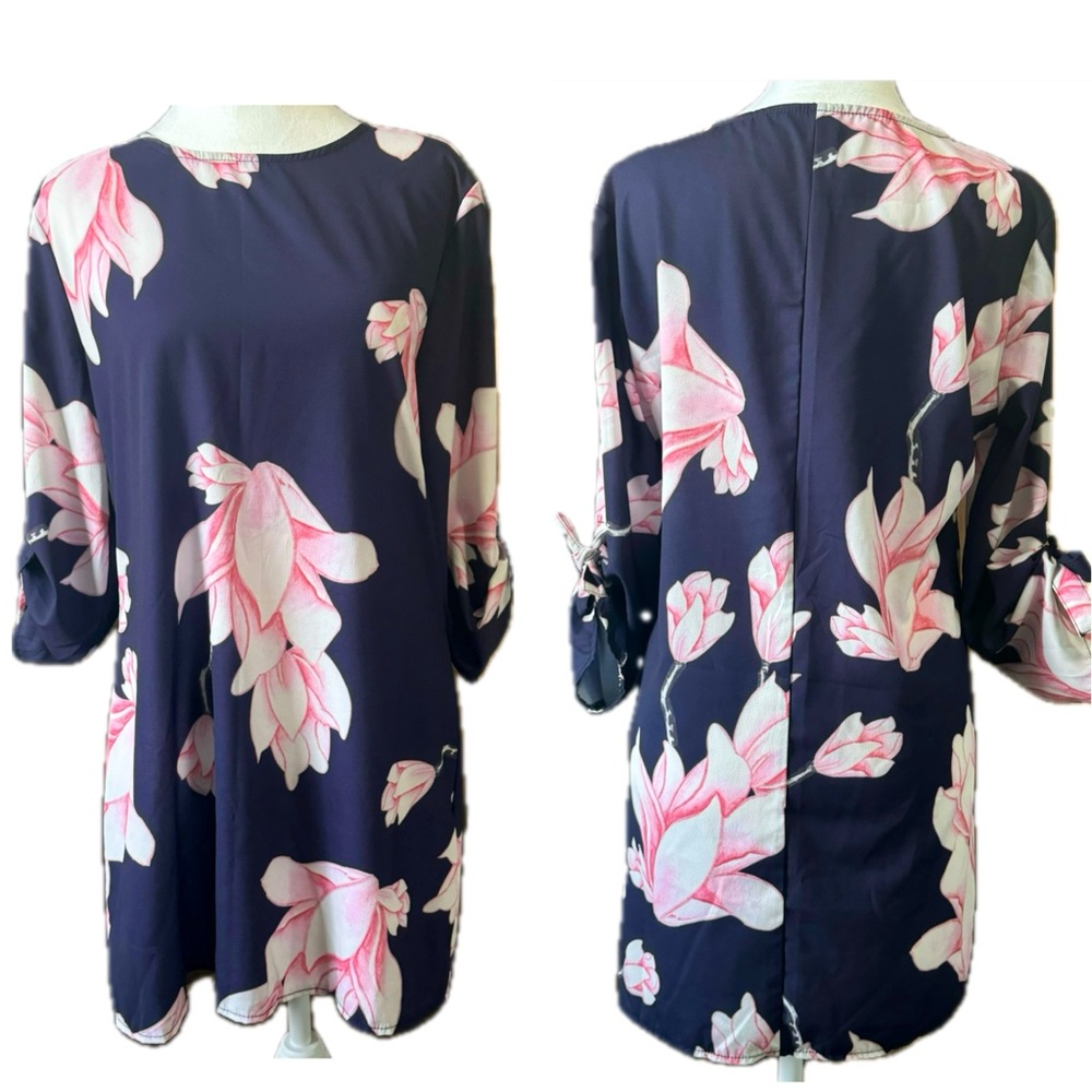 Blue Mod Dress W/Pink Large Floral & Tie up Sleeve Size Small